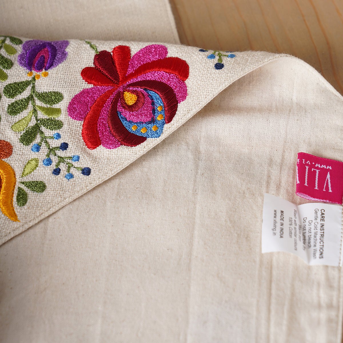 Off White Slub Cotton Table Runner with Multicolour Embroidery