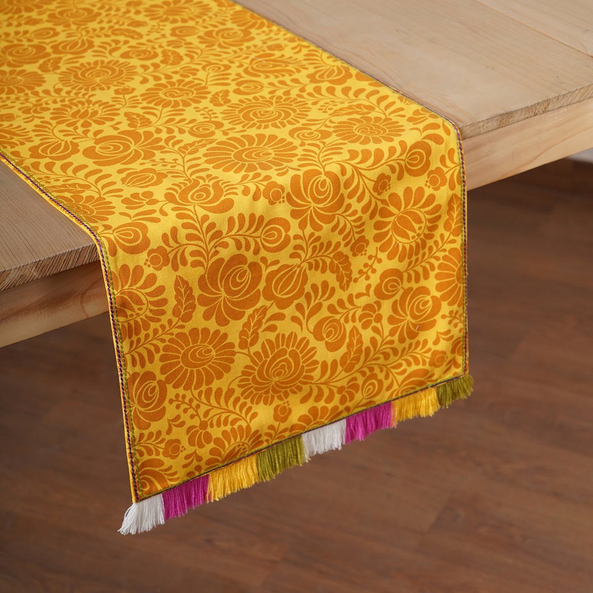Matyo Table Runner | Yellow Print with Multicolour Acrylic Fringe | Cotton | 4 & 6 Seater Sizes
