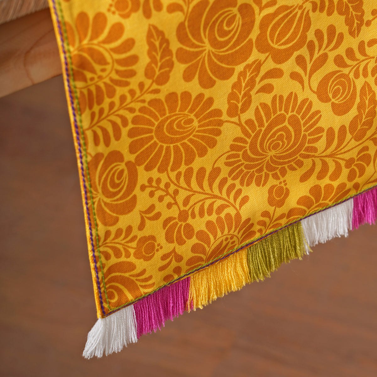 Matyo Yellow Printed Cotton Table Runner with Multicolour Acrylic Fringe