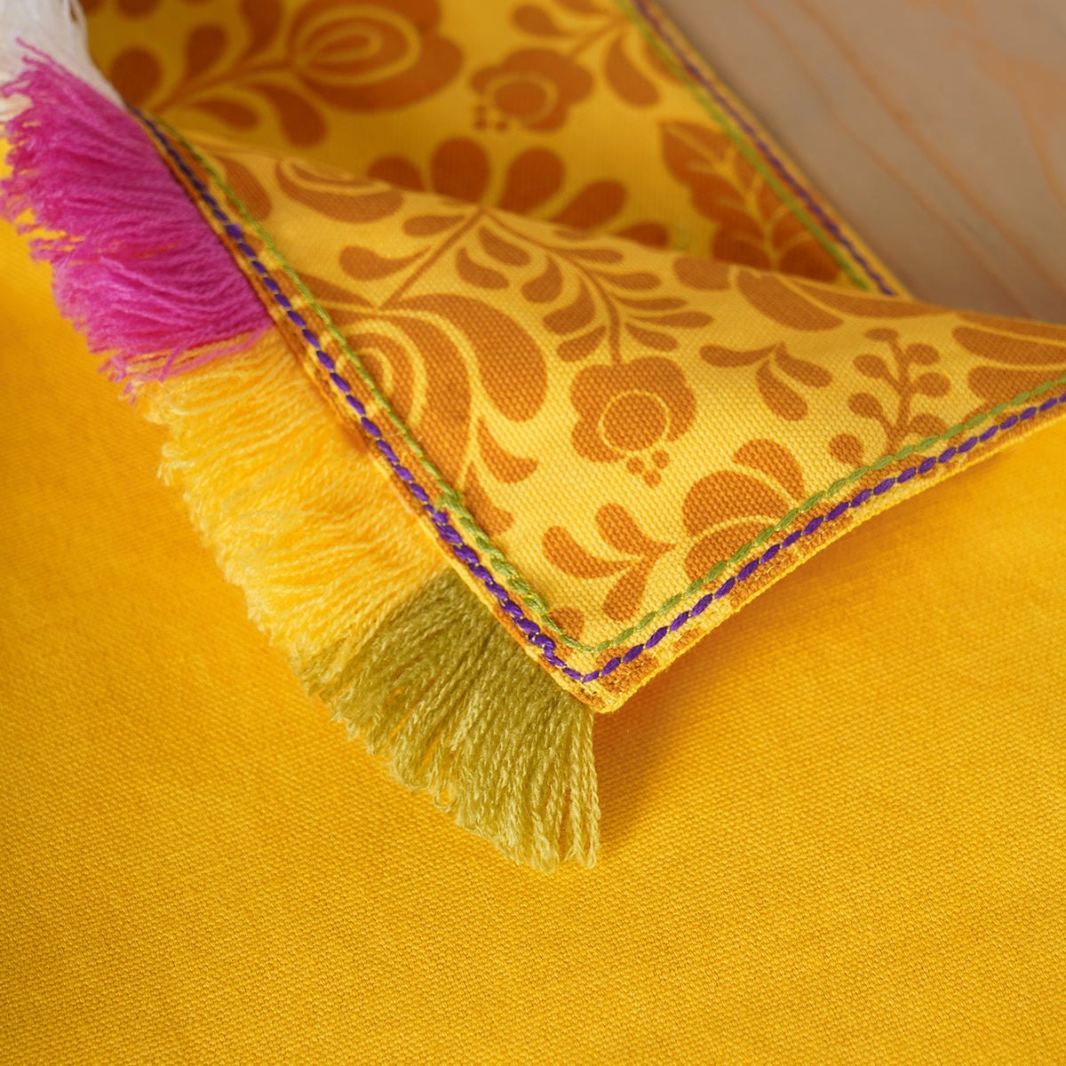 Matyo Yellow Printed Cotton Table Runner with Multicolour Acrylic Fringe