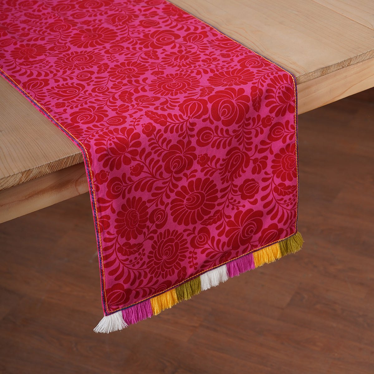 Matyo Table Runner | Hot Pink Print with Multicolour Acrylic Fringe | Cotton | 4 & 6 Seater Sizes