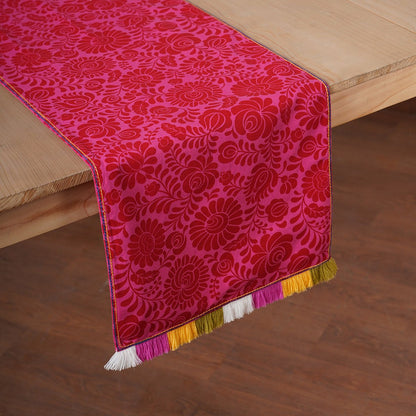 Matyo Table Runner | Hot Pink Print with Multicolour Acrylic Fringe | Cotton | 4 & 6 Seater Sizes