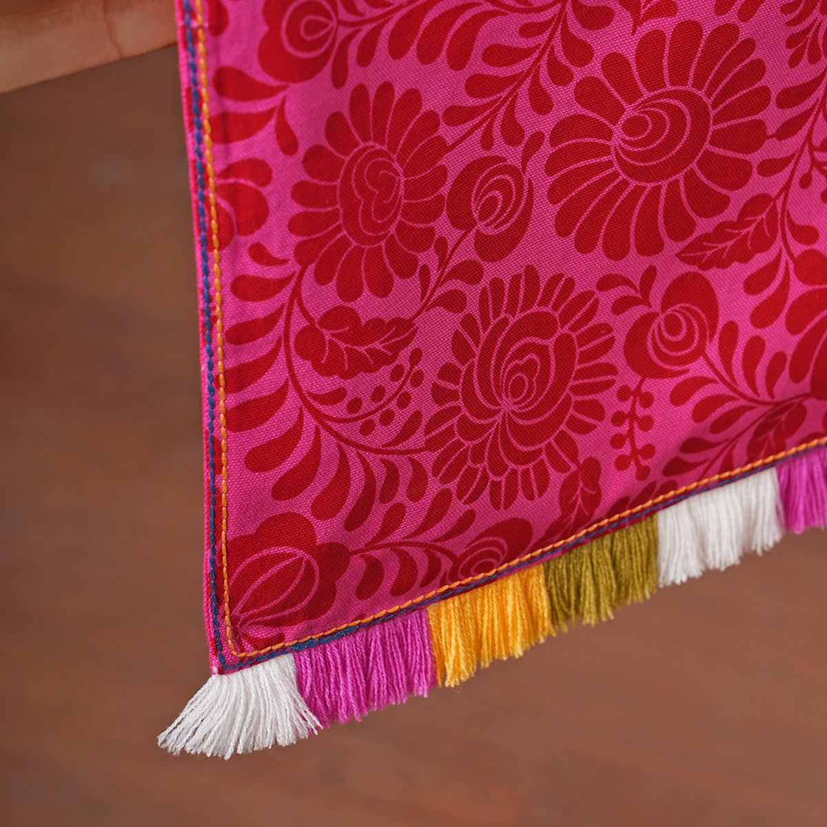 Matyo Table Runner | Hot Pink Print with Multicolour Acrylic Fringe | Cotton | 4 & 6 Seater Sizes