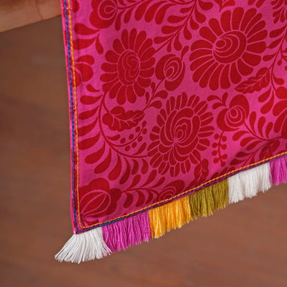 Matyo Table Runner | Hot Pink Print with Multicolour Acrylic Fringe | Cotton | 4 & 6 Seater Sizes