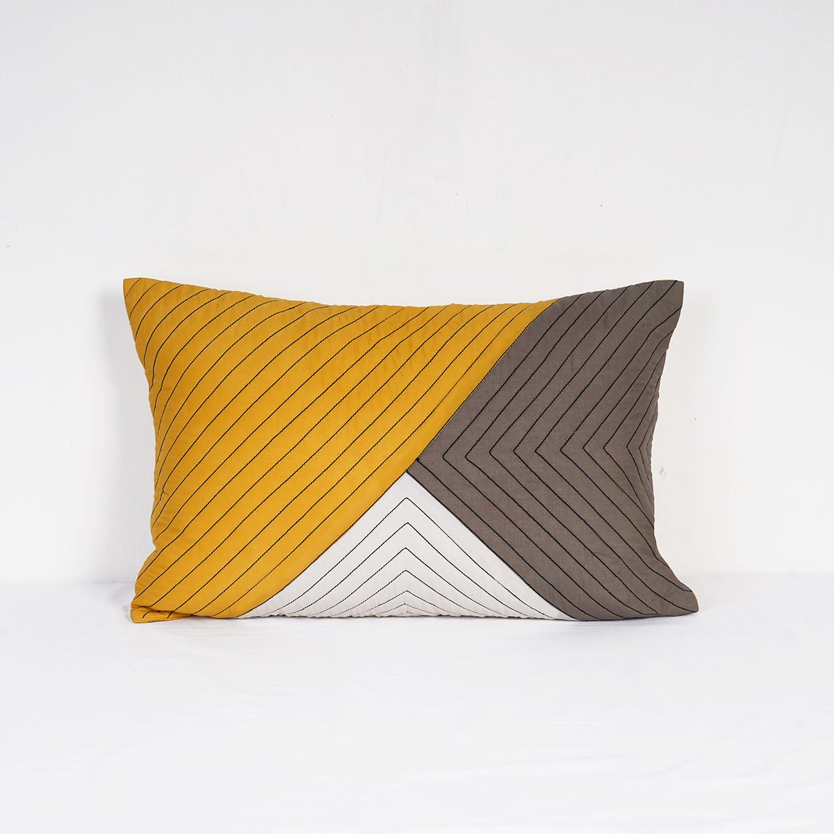 Modern Retro Mustard Yellow Colour Block Patchwork Quilted Cushion Cover | Cotton | 2 Sizes