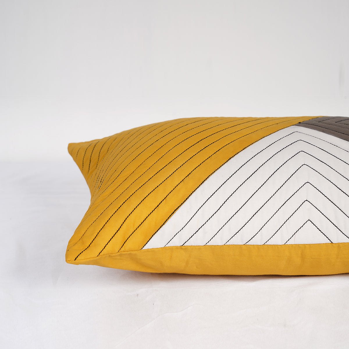 Modern Retro Mustard Yellow Colour Block Patchwork Quilted Cushion Cover | Cotton | 2 Sizes