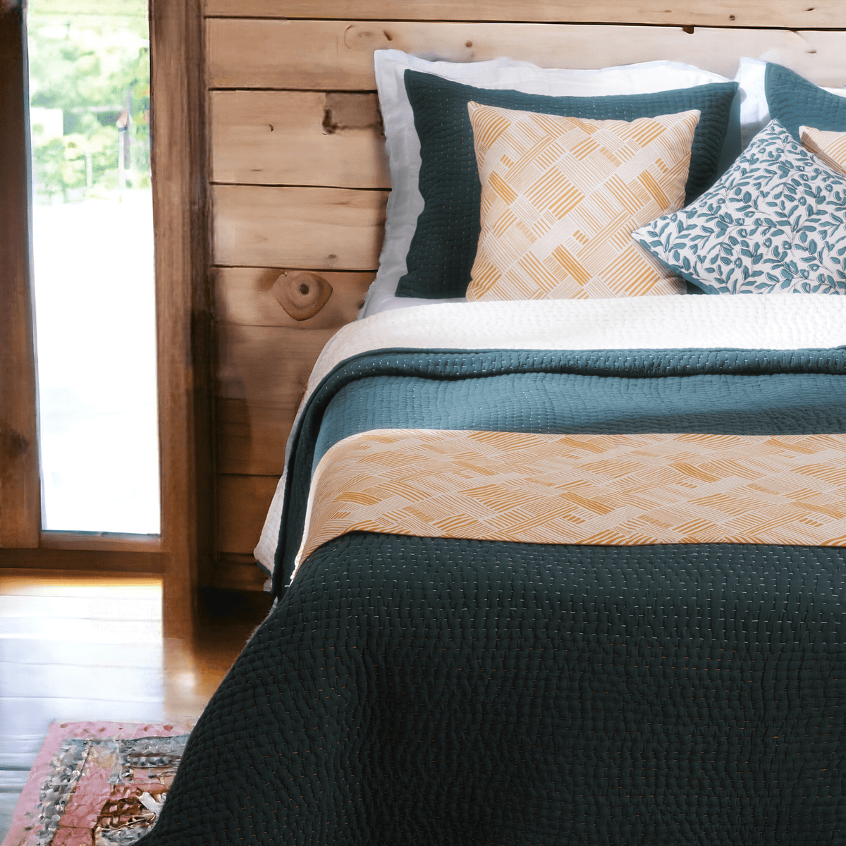 Olive Green Kantha Quilted Bed Set | Hand Quilted 4-Layer Muslin Gauze | Twin, Queen & King