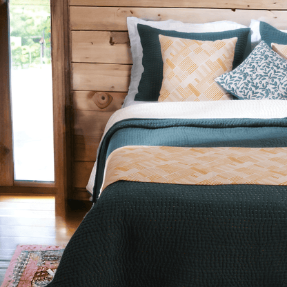 Olive Green Kantha Quilted Bed Set | Hand Quilted 4-Layer Muslin Gauze | Twin, Queen & King