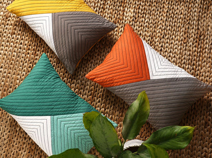Modern Retro Terracotta Colour Block Patchwork Quilted Cushion Cover | Cotton | 2 Sizes