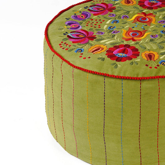 Matyo Green Embroidered Boho Pouf Cover with Rose Motif
