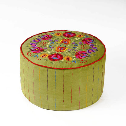 Matyo Green Embroidered Boho Pouf Cover with Rose Motif