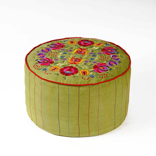 Matyo Green Embroidered Boho Pouf Cover with Rose Motif