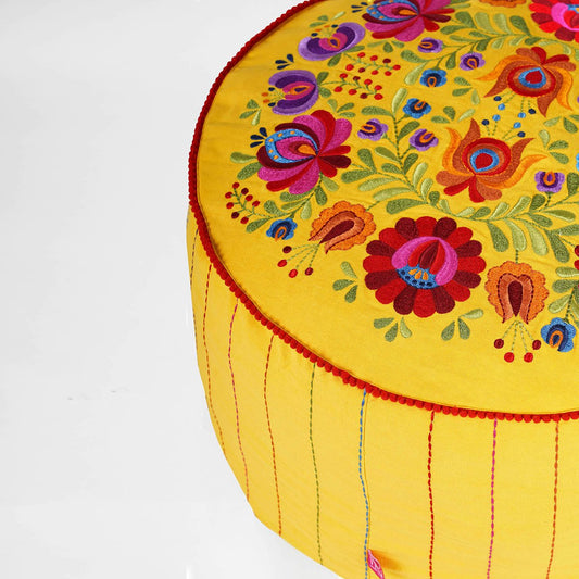 Matyo Yellow Boho Pouf Cover with Multicolour Rose Embroidery