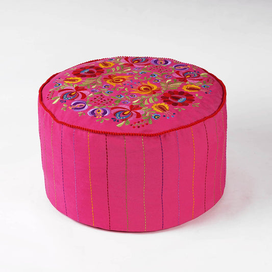 Matyo Hot Pink Embroidered Boho Pouf Cover with Rose Motif