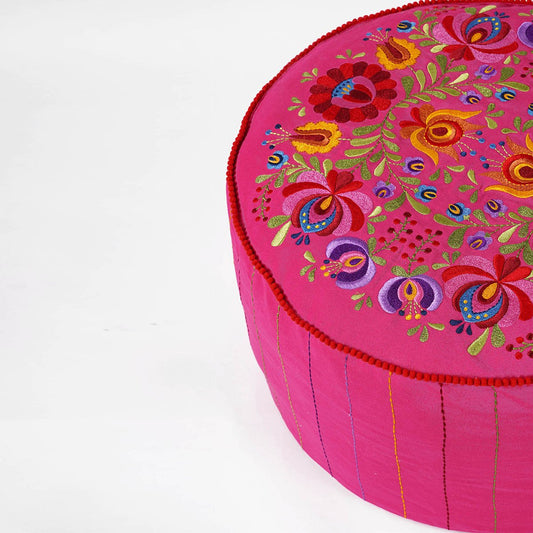 Matyo Hot Pink Embroidered Boho Pouf Cover with Rose Motif