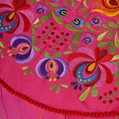 Matyo Hot Pink Embroidered Boho Pouf Cover with Rose Motif