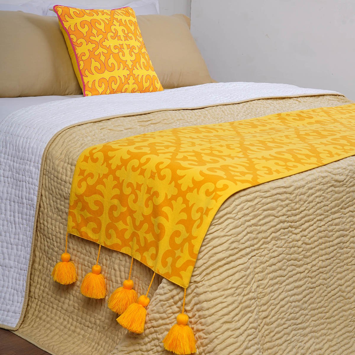 Shyrdak Bed Runner Set | Yellow Printed Cotton with Tassels & Cushion Cover | Twin, Queen & King