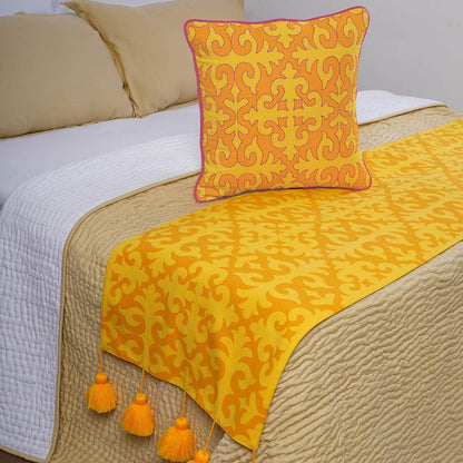 Shyrdak Bed Runner Set | Yellow Printed Cotton with Tassels & Cushion Cover | Twin, Queen & King
