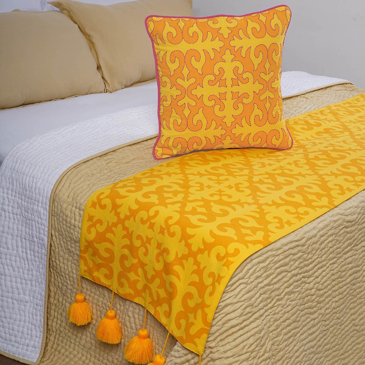 Shyrdak Bed Runner Set | Yellow Printed Cotton with Tassels & Cushion Cover | Twin, Queen & King