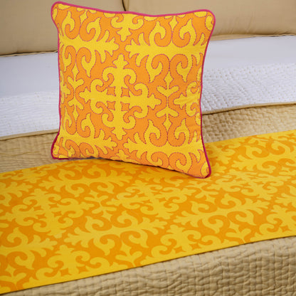 Shyrdak Bed Runner Set | Yellow Printed Cotton with Tassels & Cushion Cover | Twin, Queen & King