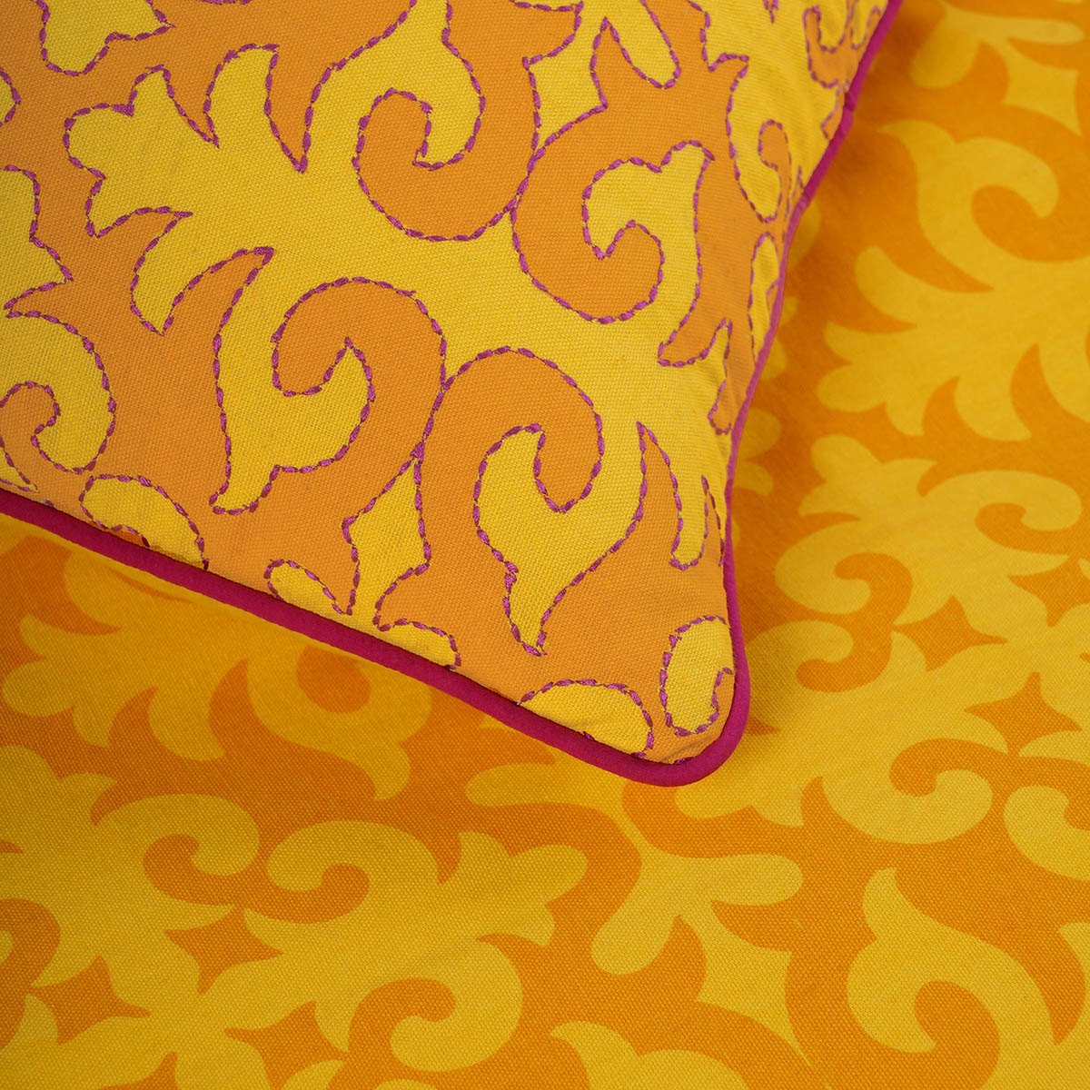 Shyrdak Bed Runner Set | Yellow Printed Cotton with Tassels & Cushion Cover | Twin, Queen & King