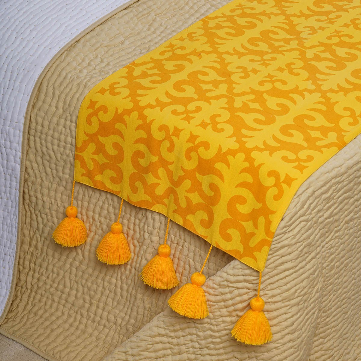Shyrdak Bed Runner Set | Yellow Printed Cotton with Tassels & Cushion Cover | Twin, Queen & King