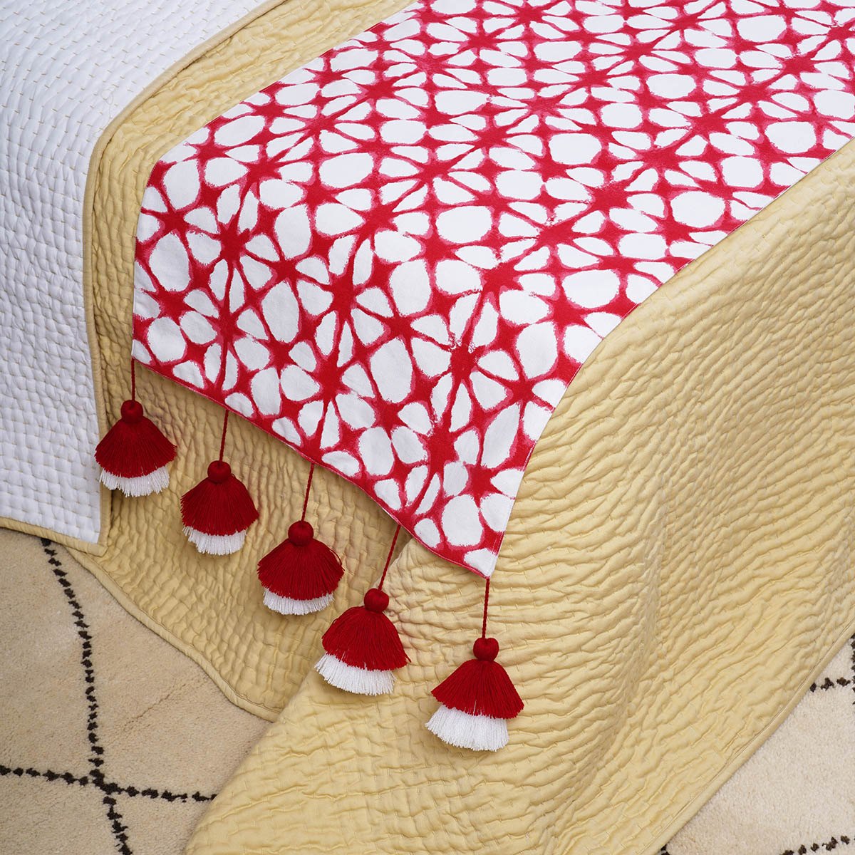 Prism Tie Dye Bed Runner Set | Red & White Cotton with Tassels & Cushion Cover | Twin, Queen & King