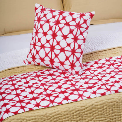 Prism Tie Dye Bed Runner Set | Red & White Cotton with Tassels & Cushion Cover | Twin, Queen & King