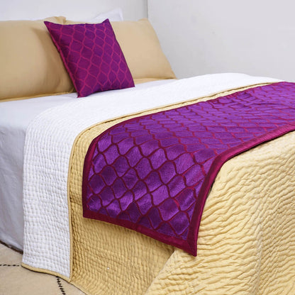 Plum Embroidered Bed Runner Set | Ogee Pattern Polytaffeta | Cushion Cover Included | Twin, Queen & King