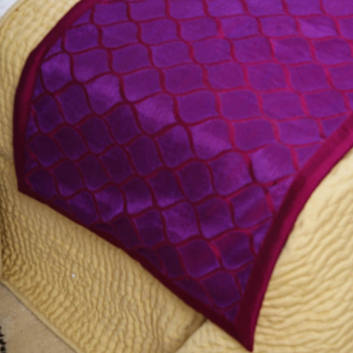 Plum Embroidered Bed Runner Set | Ogee Pattern Polytaffeta | Cushion Cover Included | Twin, Queen & King