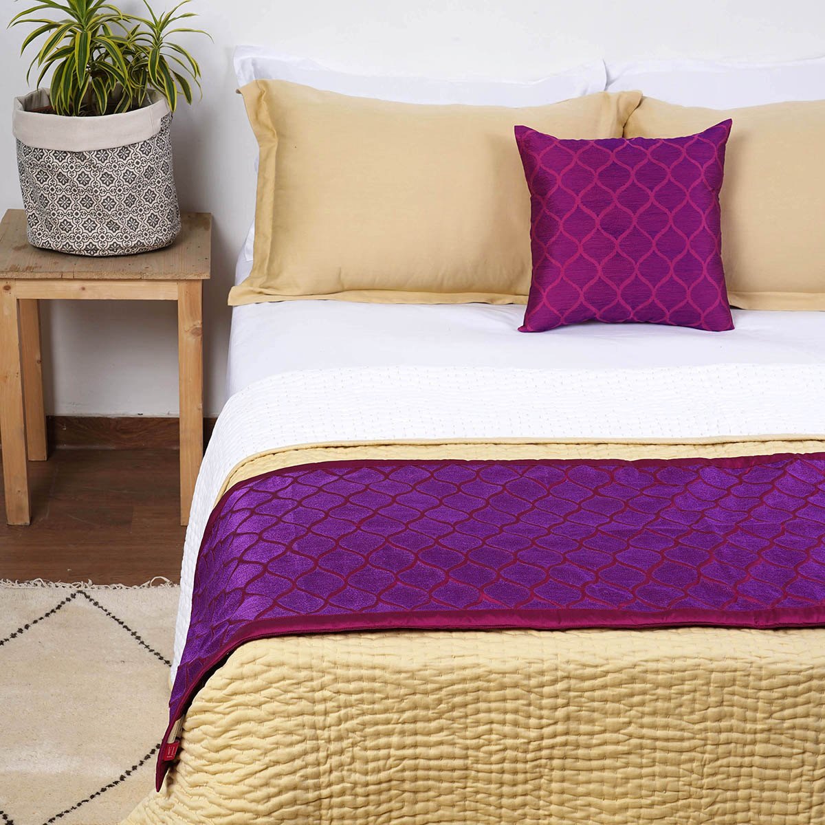 Plum Embroidered Bed Runner Set | Ogee Pattern Polytaffeta | Cushion Cover Included | Twin, Queen & King