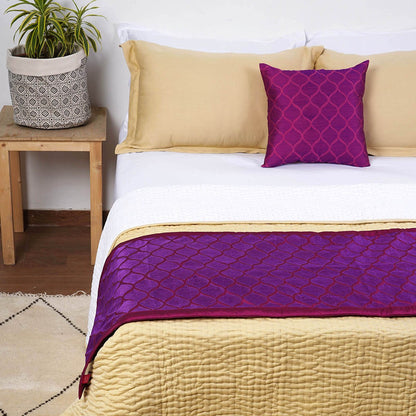 Plum Embroidered Bed Runner Set | Ogee Pattern Polytaffeta | Cushion Cover Included | Twin, Queen & King