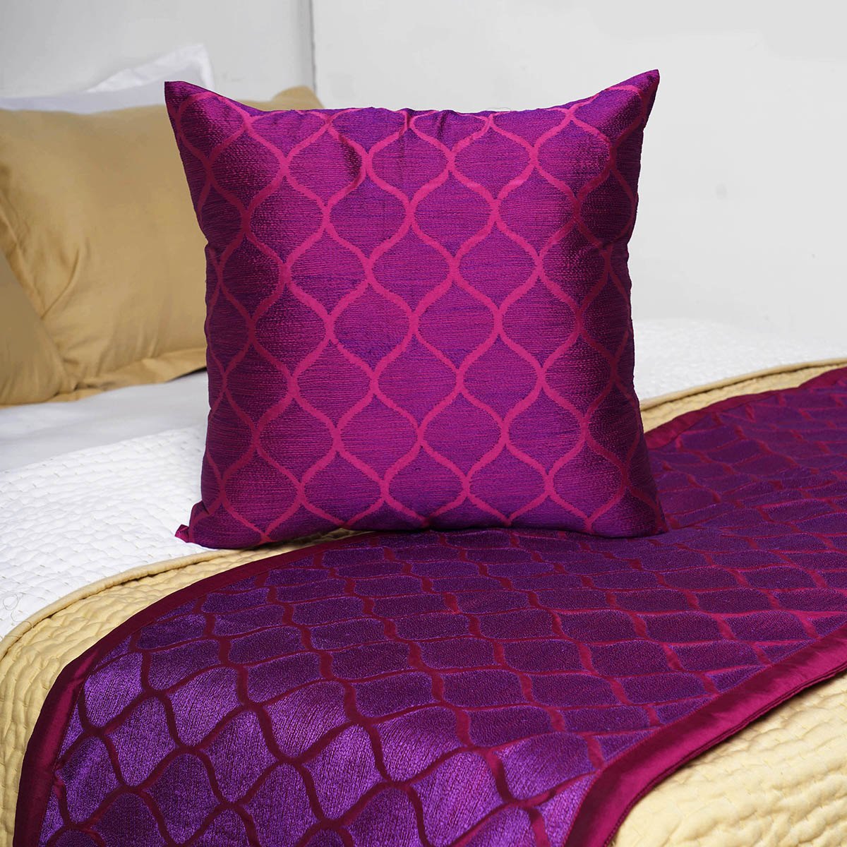 Plum Embroidered Bed Runner Set | Ogee Pattern Polytaffeta | Cushion Cover Included | Twin, Queen & King