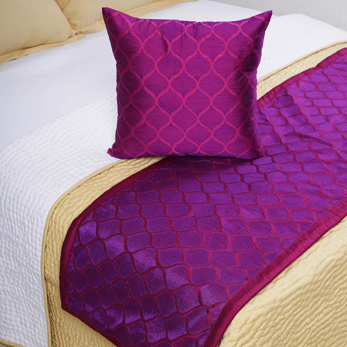 Plum Embroidered Bed Runner Set | Ogee Pattern Polytaffeta | Cushion Cover Included | Twin, Queen & King