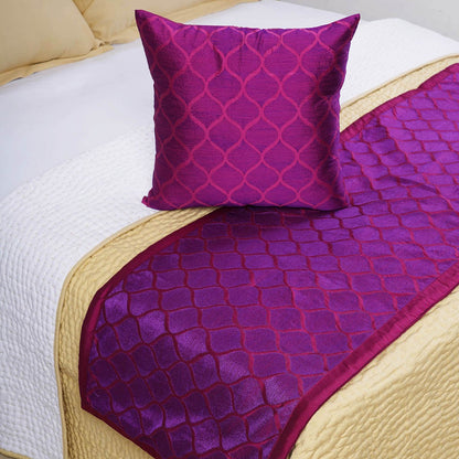Plum Embroidered Bed Runner Set | Ogee Pattern Polytaffeta | Cushion Cover Included | Twin, Queen & King