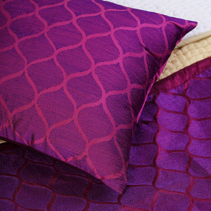 Plum Embroidered Bed Runner Set | Ogee Pattern Polytaffeta | Cushion Cover Included | Twin, Queen & King