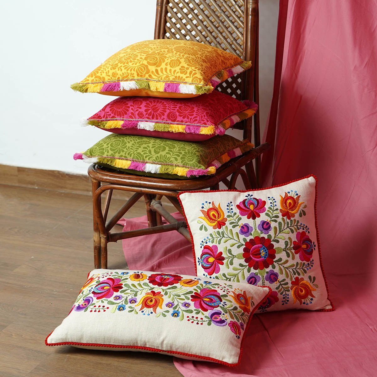 Matyo Embroidered Cotton Cushion Cover | Hungarian Floral Embroidery | Red Pompom Lace | Sizes Available