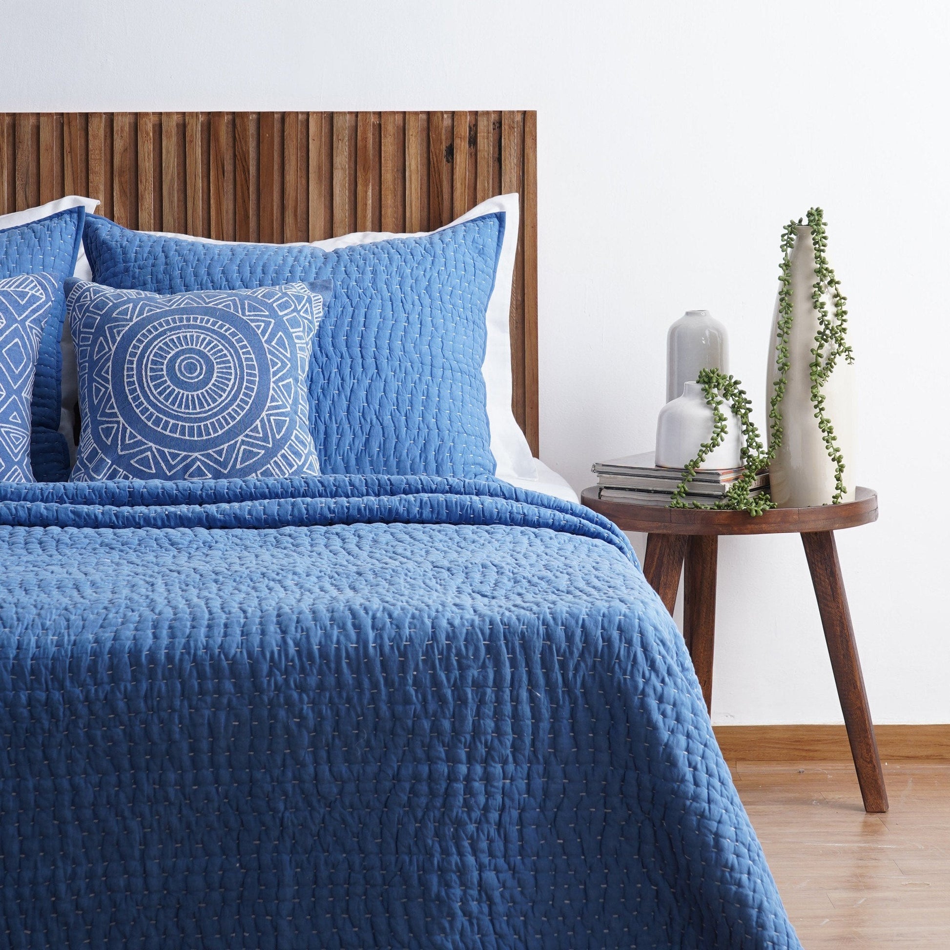 Denim Blue Stonewashed Kantha Quilted Bed Set with Pillow Cases