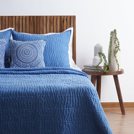 Denim Blue Stonewashed Kantha Quilted Bed Set with Pillow Cases