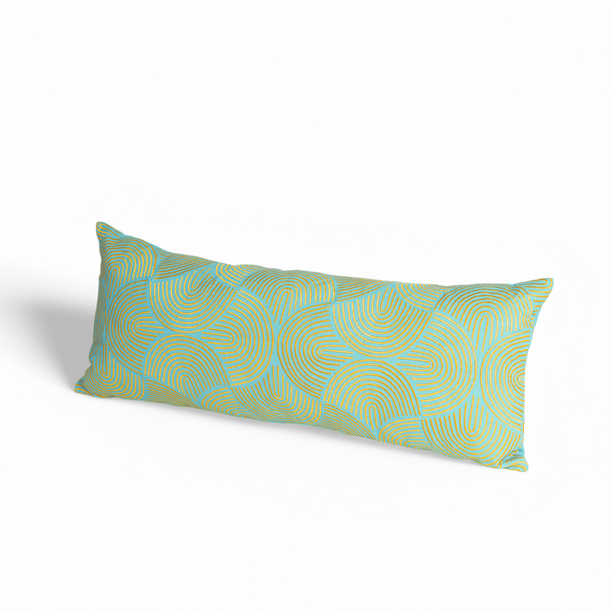 KASHIDAKAARI Turquoise Long Lumbar Pillow Cover with Yellow Ogee Embroidery