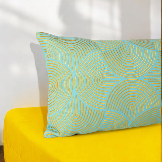 KASHIDAKAARI Turquoise Long Lumbar Pillow Cover with Yellow Ogee Embroidery