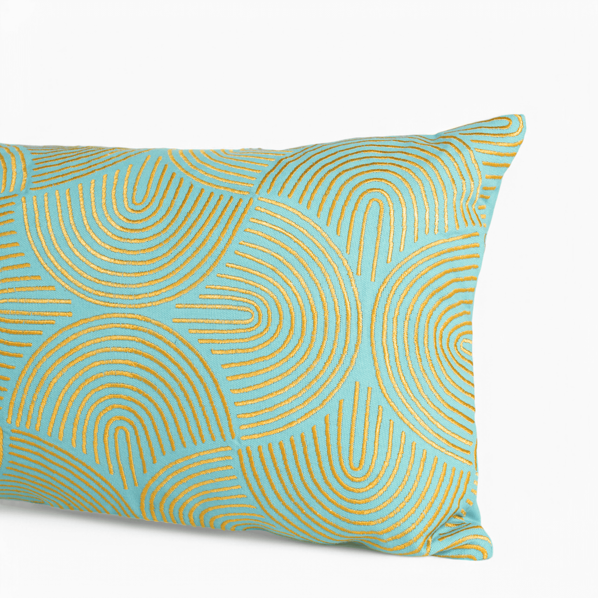 KASHIDAKAARI Turquoise Long Lumbar Pillow Cover with Yellow Ogee Embroidery