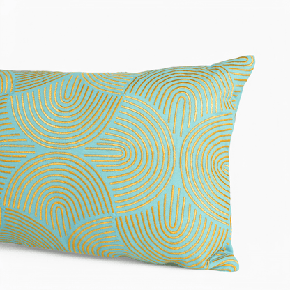 KASHIDAKAARI Turquoise Long Lumbar Pillow Cover with Yellow Ogee Embroidery