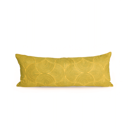 Yellow Long Lumbar Pillow Cover with Green Ogee Embroidery
