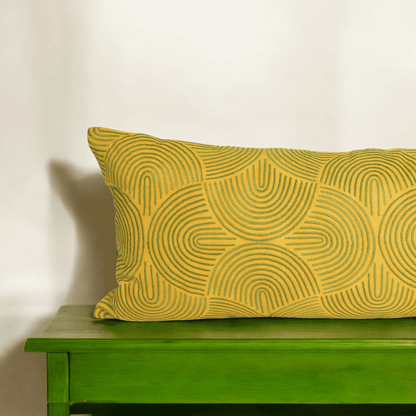 Yellow Long Lumbar Pillow Cover with Green Ogee Embroidery