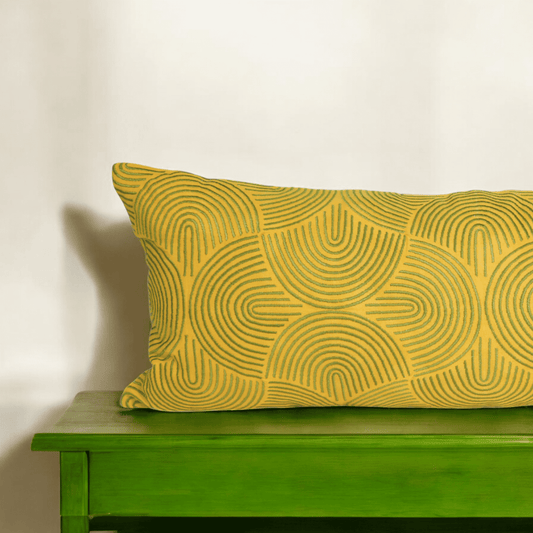 Yellow Long Lumbar Pillow Cover with Green Ogee Embroidery