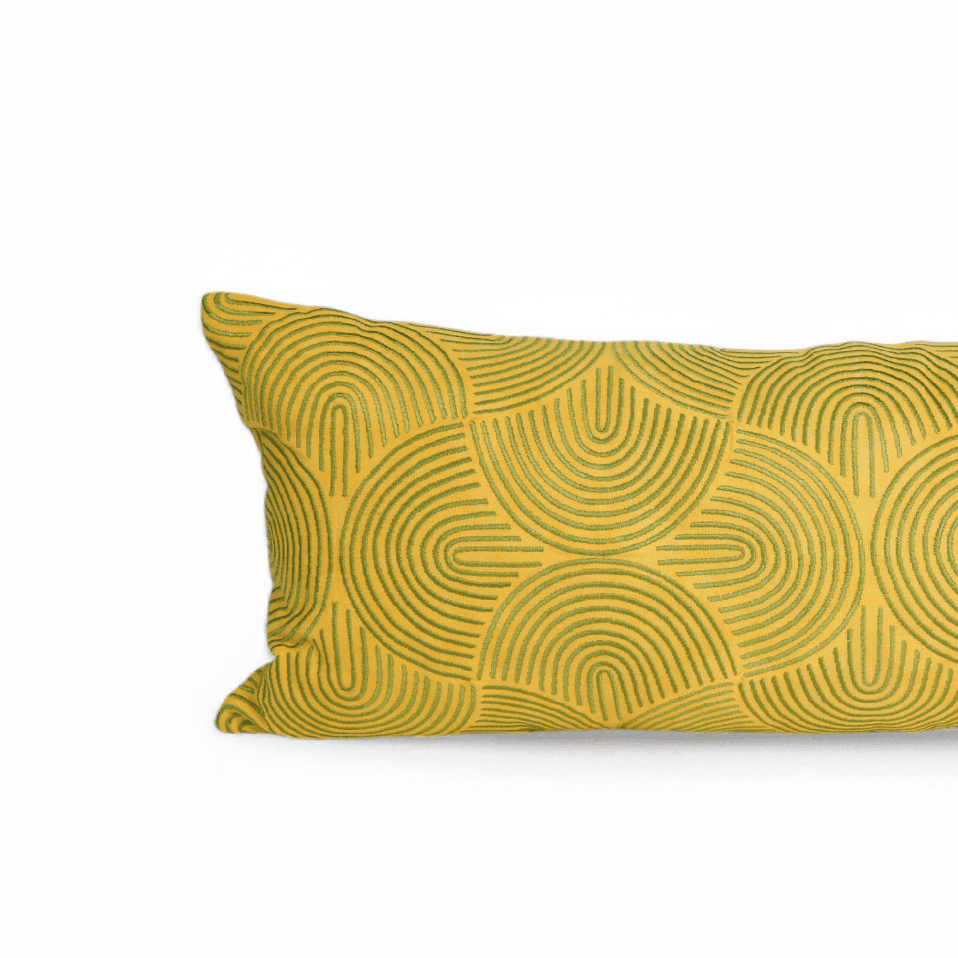 Yellow Long Lumbar Pillow Cover with Green Ogee Embroidery
