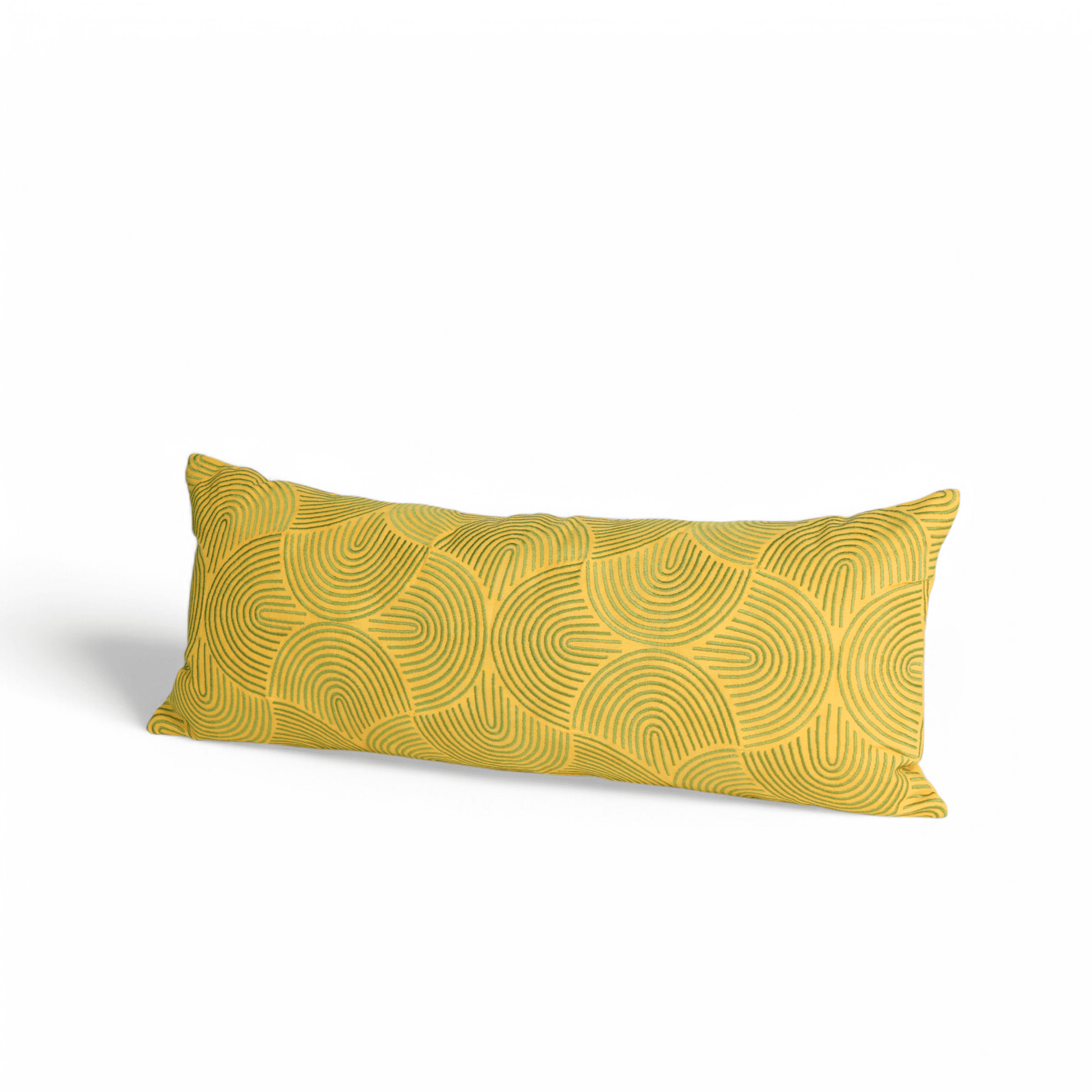 Yellow Long Lumbar Pillow Cover with Green Ogee Embroidery