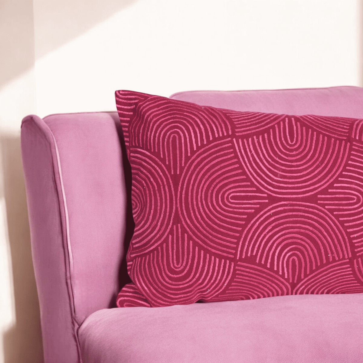 KASHIDAKAARI – Raspberry Pink Ogee Embroidered Lumbar Pillow Cover | Cotton | 12×30 inches