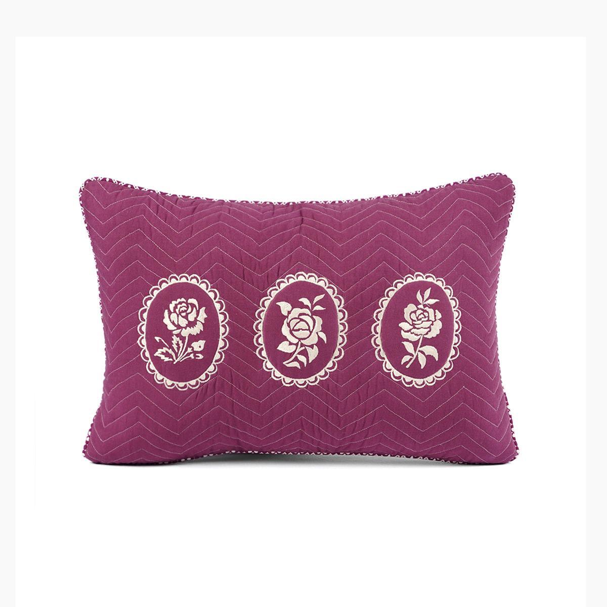 Plum Dominoterie Embroidered Cotton Cushion Cover | Chevron & Rose Motif | Dori Piping | Multiple Sizes